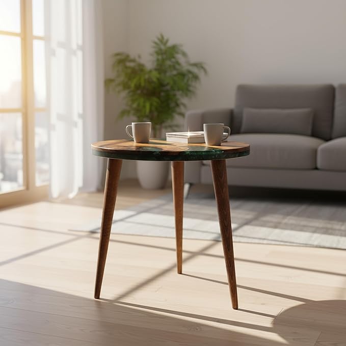 20" Resin Walnut Round Side Table | Epoxy End Table | Coffee Table | Mid Century Modern Resin Walnut | Living Room Furniture | Green Color