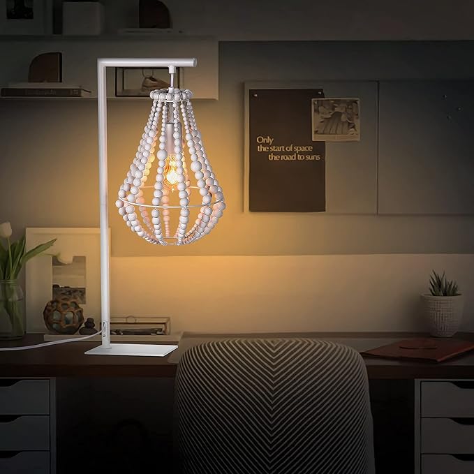Boho Table Lamp for Bedroom, Wood Beaded Bedside Lamp, 1-Light, Farmhouse Desk Lamp, White Standing Lamp, Plug in Night Light for Night Table, Living Room