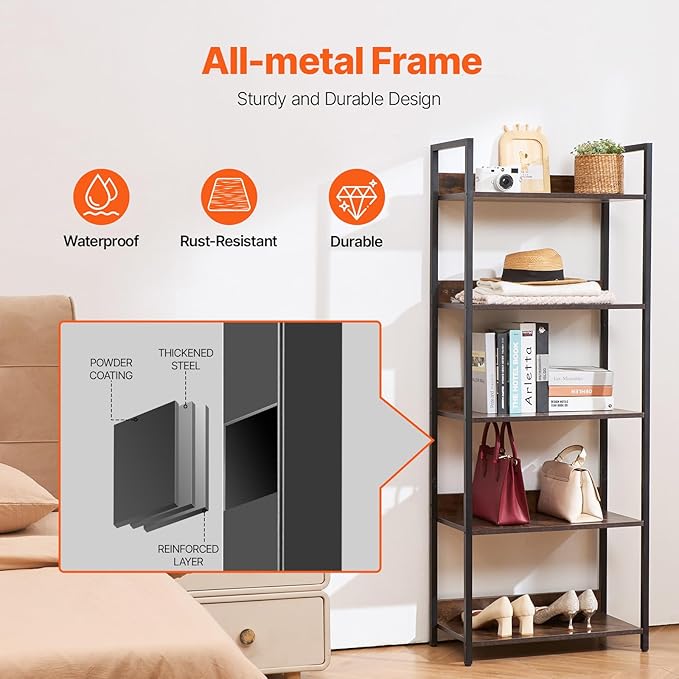 VEVOR Metal Bookshelf, 5-Tier Tall Industrial Bookshelf, Rustic Display Vintage Storage Bookcase with Open Shelves, Freestanding Display Shelving Unit Storage Rack, for Living Room, Bedroom & Office