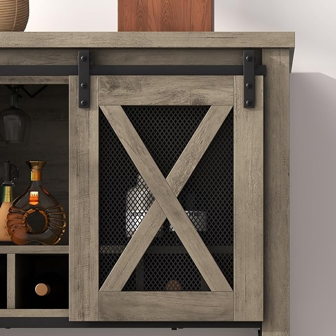 CABIHOME Coffee Bar Cabinet with Storage - Sliding Barn Door Kitchen Buffet, Wood Sideboard Console Cabinet with Wine Rack & Glass Holder for Living & Dining Room, Gray