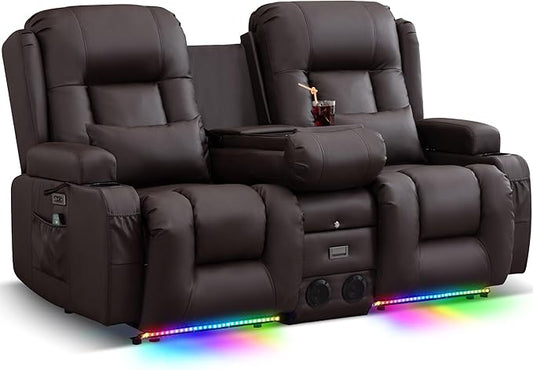 TUNYI Power Loveseat Recliner Sofa, Faux Leather Reclining Sofa with Console RV Reclining Loveseat Couch with USB/Outlet/Storage/Side Pocket/LED Light/Speaker (Brown, Loveseat)