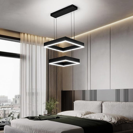 Modern 2 Ring Dimmable Square Black Chandelier with Adjustable Pendant for Dining, Bedroom, Living Room
