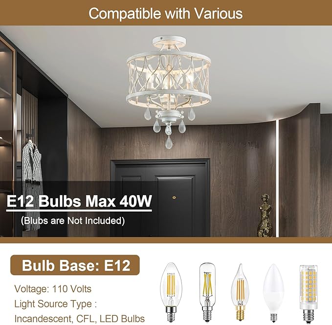 Farmhouse Crystal Ceiling Light Fixture, 3-Light Semi Flush Mount Crystal Chandelier Light Fixture Rustic Vintage White Pendant Ceiling Lamp for Hallway Corridor Kitchen Entryway Bedroom Living Room