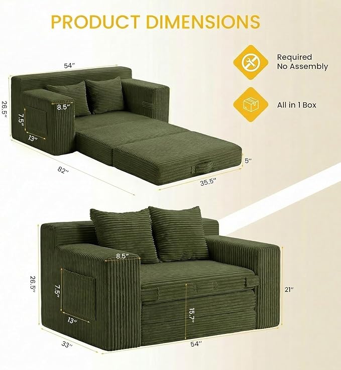 Boneless Loveseat Sleeper Sofa Bed: 3-in-1 Convertible Sofa Bed with Side Pockets & Handle,Pull Out Couch with 2 Pillows,Folding Futon for Small Space,Living Room & Bedroom,Green