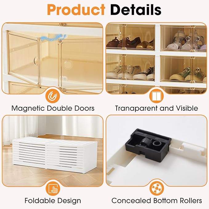 LAFORMO Folding Shoe Rack Storage Device,Large Plastic Folding Shoe Cabinet, Easy to Assemble Shoe Rack Storage Cabinet with Transparent Door Magnetic Buckle(9Tiers,36Pairs)