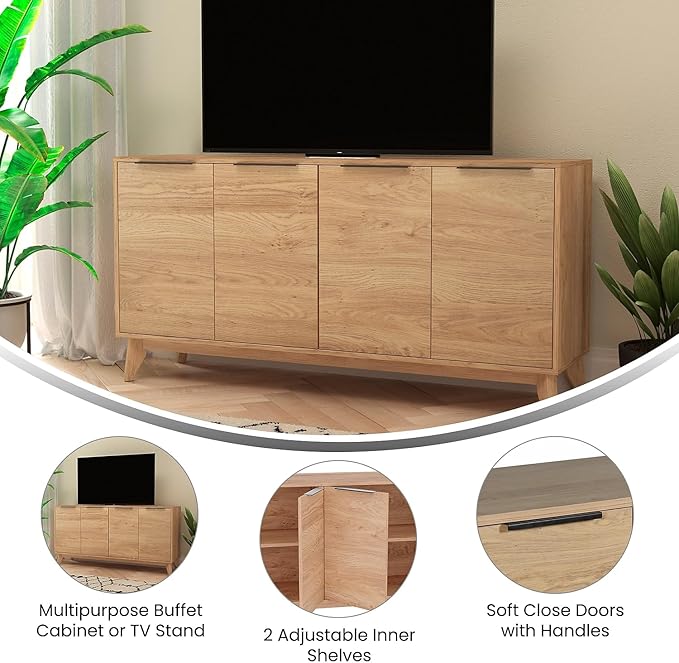 Flash Furniture Hatfield Mid-Century Modern 4 Door Storage Buffet - Light Natural Sideboard - 60 Inches - Soft Close Doors - Adjustable Shelves - Holds up to 64" TV's