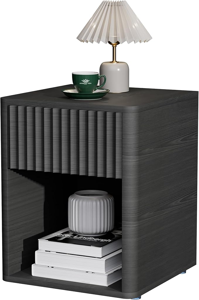 VICITON Fluted Narrow Night Stand,Thin Nightstand with Leather Surface, Small End Table with Storage, Living Room/Bed Side Table for Small Spaces (Dark Gray, Large)
