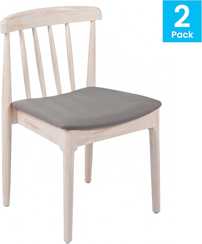 Flash Furniture Chester Solid Wood Dining Chair, Commercial Grade Restaurant Chair with Curved Spindle Backrest and Vinyl Padded Seat, Set of 2, Antique White/Beige