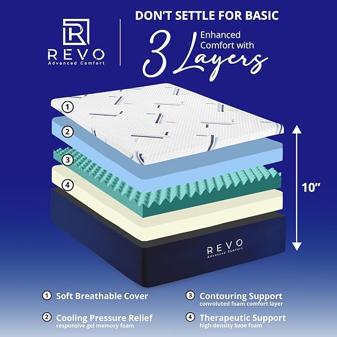 REVO Sleep 10 Inch Gel Memory Foam Mattress, Queen Size – Cooling Gel Memory Foam with Balanced Support, Modern Comfort Designed for Today’s Bedrooms