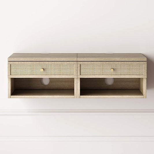 Nathan James Jackson Wall Mounted Rattan Floating Bedroom Nightstand with Storage Drawer and Modern Open Shelf Cubby, Light Oak/Rattan, Set of 2
