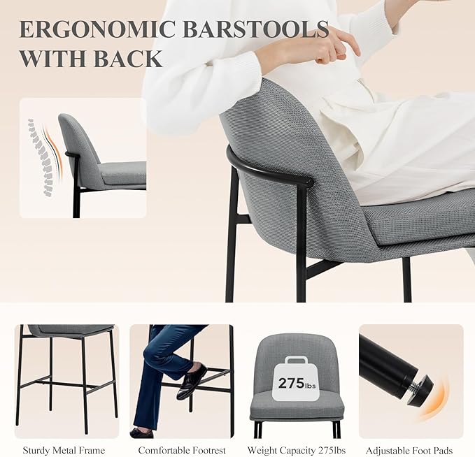 Bar Stools Set of 6, Modern Upholstered Counter Height Bar Chairs with Cushioned Seat and Curved Back, Fabric Kitchen Island Stools with Sturdy Metal Legs for Dining Room Island Bar, Dark Grey