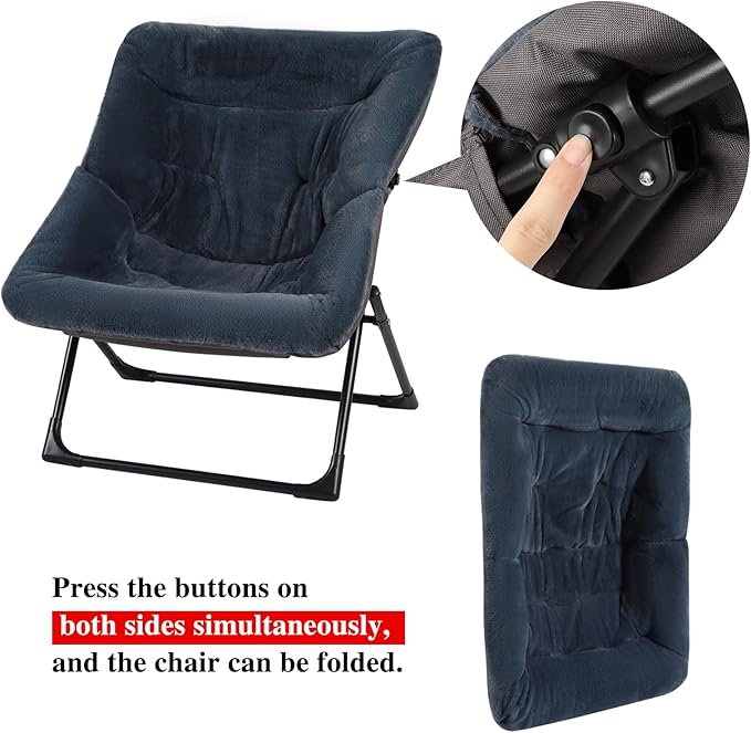 Comfy Saucer Chair for Adults, Set of 2, Soft Faux Fur Bedroom Chair, Accent Dorm Chairs, Flexible Living Room Reading Chairs, Oversized Folding Seat for Teens, X-Large, Navy Blue