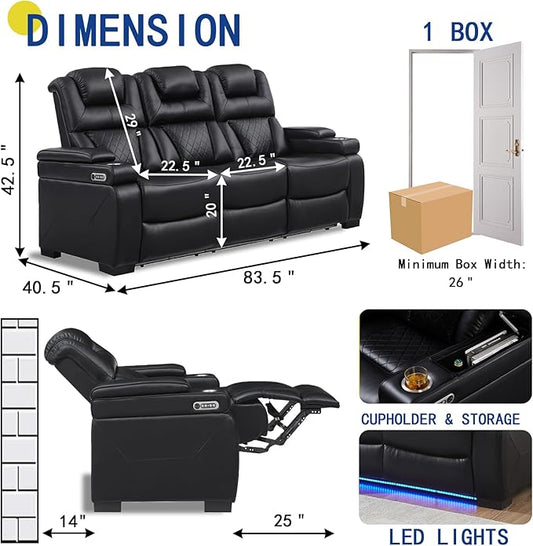 THSUPER Power Breathable Leather Reclining Sofa with 7-Color LED Light, Living Room Recliner Couch with Adjustable Headrest/Reading Light/USB Port/Storage Arm/Drop Down Table for Living Room, Black