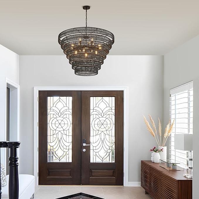 Hand-Woven Rattan Chandelier Vintage Farmhouse 15-Lights Boho Bamboo Large Chandeliers Light Fixture 7-Tier Drum Wicker Chandelier for Dining Room, Living Room, Kitchen, E12