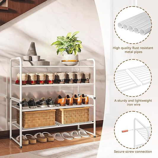 2 Tier Stackable Shoe Rack, 32.5" Wide All Metal Free Standing Shoe Storage Organizer for Entryway, Closet, White