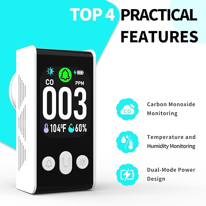 Protmex Carbon Monoxide Detector, 3-in-1 Plug-in CO Alarm with Temperature & Humidity Monitor, Smart Air Quality Monitor with Digital Display, Dual Alert, Back-Up Battery for Home, Bedroom, RV