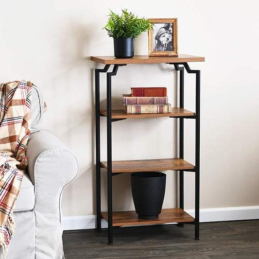 Household Essentials Crown Narrow 4 Shelf Open Storage Bookshelf Rustic Hickory Wood Grain and Black Metal