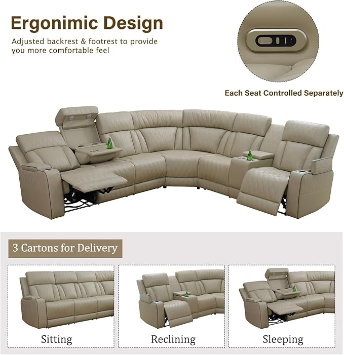 Air Leather Recliner Sectional Sofa Set, Power Reclining Sectional Couch for Living Room, L Shaped Recliner Corner Couch and Single Chair with LED Lighting, USB Port&Storage (Beige)
