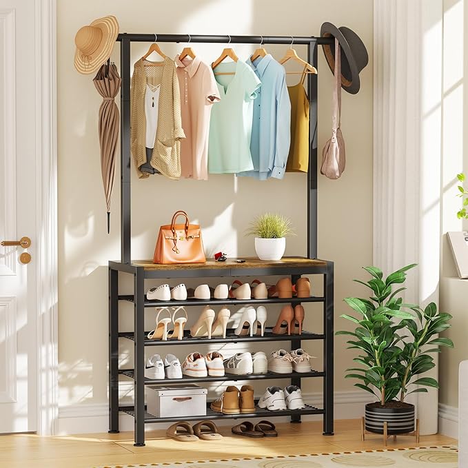 Hall Tree, Entryway Shoe Rack with Coat Rack, 5 Tier Adjustable Shoe Storage with 45.7" Long Coat Rack for Front Door, Garage, Closet, Freestanding, Industrial, Rustic Brown and Ink Black
