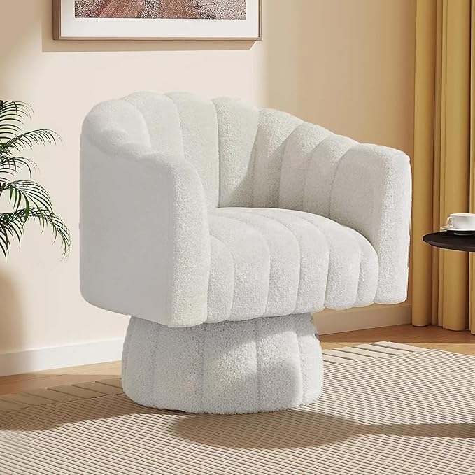 360 Degree Sherpa Swivel Cuddle Barrel Accent Sofa Chairs, Round Teddy Armchairs with Wide Upholstered, Furry Boucle Reading Chair for Living Room, Bedroom, Office, Waiting Rooms (White)