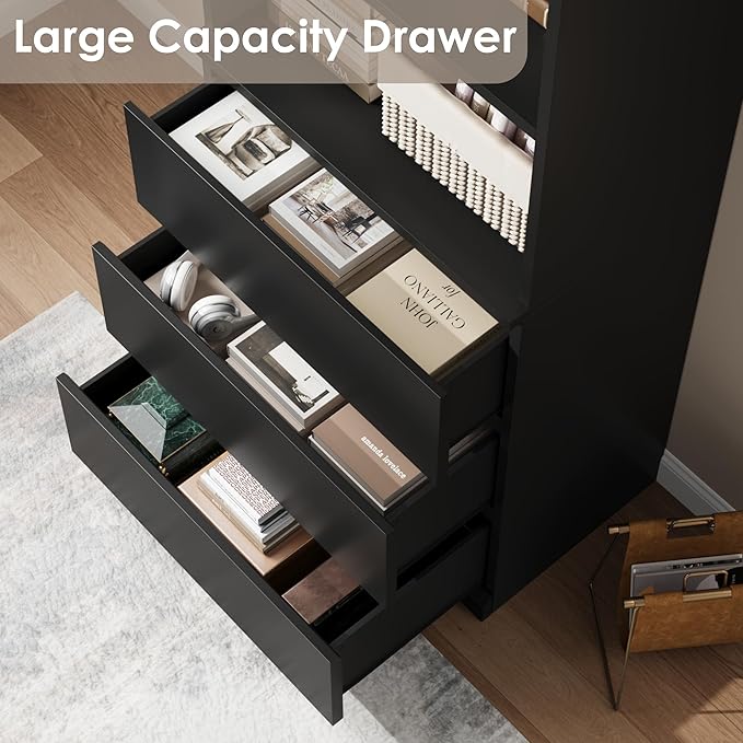 IDEALHOUSE 70" H Bookcase with 3 Storage Drawers,Tall Bookshelf w/ 3-Tier Open Shelf, Morden Storage Bookcase Wooden Deep Bookshelves Storage Cabinet Organizer for Library Office Living Room (Black)