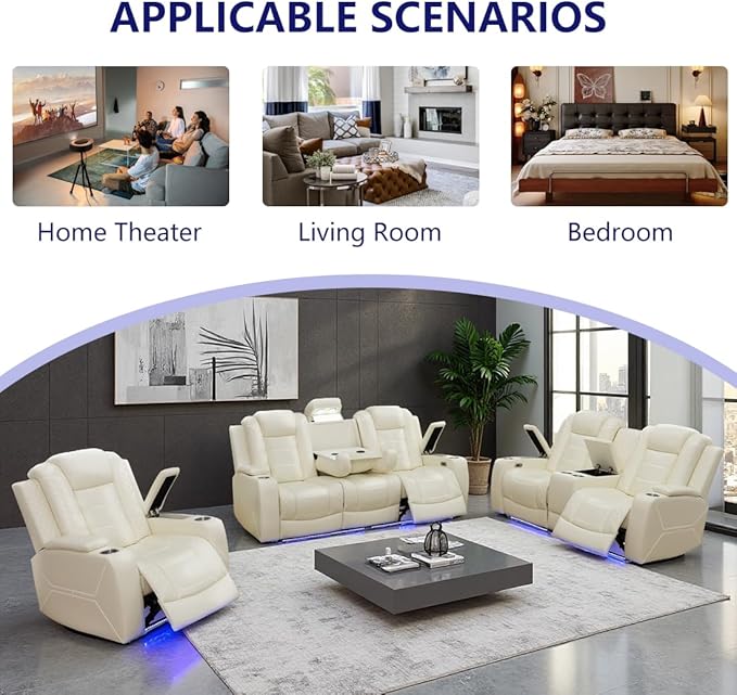 Leather Power Recliner Sofa Set with LED, Living Room Furniture Sets, 2 PCS Reclining Couches, Recliner Sofa and Chair Set with Arm Storage/Cup Holders/Charging Ports for Home Theater (Cream)