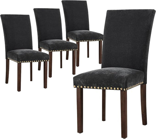 COLAMY Upholstered Parsons Dining Chairs Set of 4, Fabric Dining Room Kitchen Side Chair with Nailhead Trim and Wood Legs - F-Black