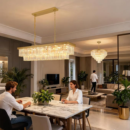 Crystal Chandeliers for Dining Room Light Fixtures Over Table，18-Lights Gold Modern Rectangle Chandeliers for Kitchen Island Bar L46 Inch