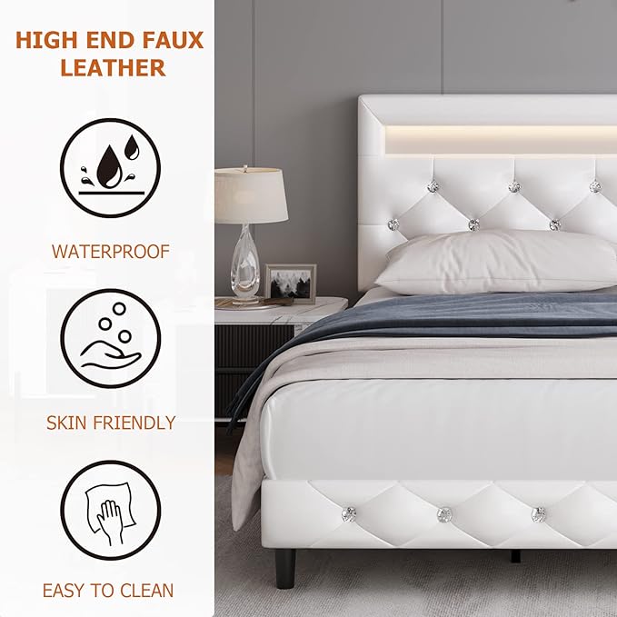 Keyluv Modern Upholstered Queen Bed Frame with LED Lights, Faux Leather Low Profile Platform Bed Frame, Adjustable Crystal Button Tufted Headboard, Strong Wood Slat Support, Easy Assembly, White
