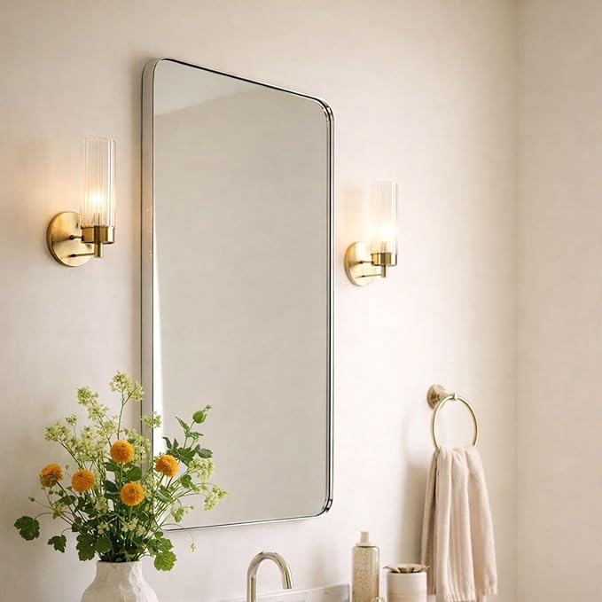GRACTO 24x40'' Polished Nickel Metal Framed Bathroom Mirror for Wall in Stainless Steel Rounded Rectangular Bathroom Vanity Mirrors Wall Mounted