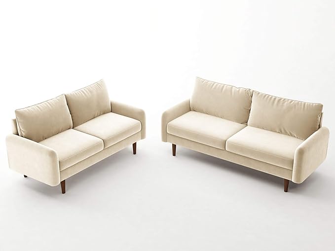 Container Furniture Direct Americus Velvet Upholstered Sofa and Loveseat Set, Couches for Living Room with Luxurious Mid Century Modern Design and Wooden Base, 2 Piece, Beige