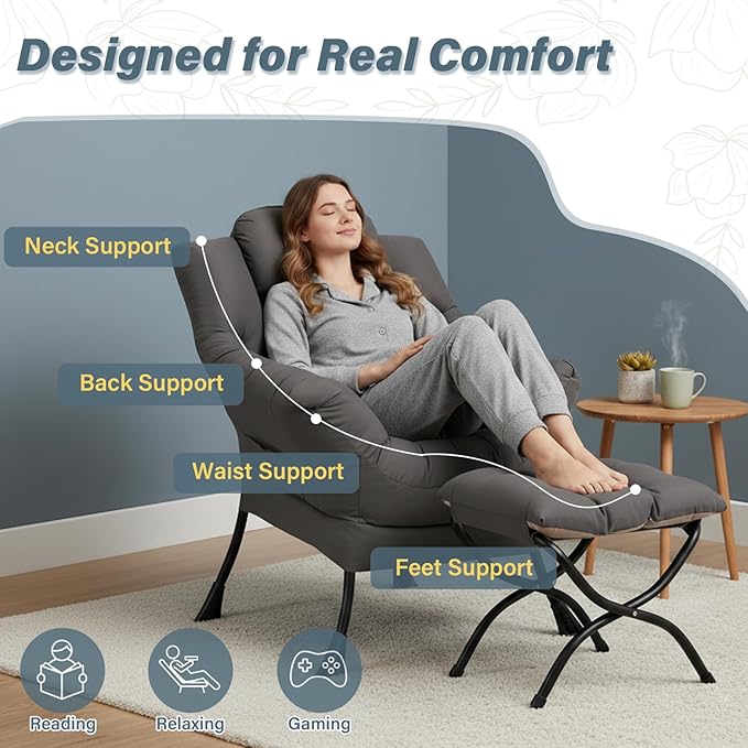 Lazy Chair with Ottoman, Large Dark Grey Accent Chair with a Side Pocket, Modern Leisure Upholstered Sofa Reading Armchair with Footrest for Office, Bedroom, Living Room, Dorm Rooms, Balcony