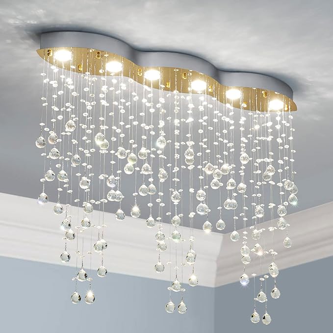 Saint Mossi 6 Light Modern Chandelier Crystal Chandelier Light Fixture,Modern Flush Mount Ceiling Light Fixtures Raindrop Chandelier Gold and Chrome Frame Chandlier Lamp,L39 x W8 x H31