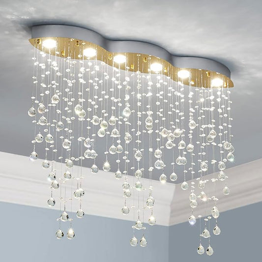 Saint Mossi 6 Light Modern Chandelier Crystal Chandelier Light Fixture,Modern Flush Mount Ceiling Light Fixtures Raindrop Chandelier Gold and Chrome Frame Chandlier Lamp,L39 x W8 x H31