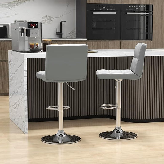 COSTWAY Adjustable Bar Stools Set of 2, Modern Swivel PU Leather Bar Chair with Backrest, Soft Cushioned Seat, Footrest, Sturdy Metal Frame, Comfortable Barstools for Kitchen Island, Pub, Grey