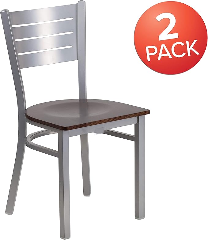 Flash Furniture 2 Pk. HERCULES Series Silver Slat Back Metal Restaurant Chair - Walnut Wood Seat