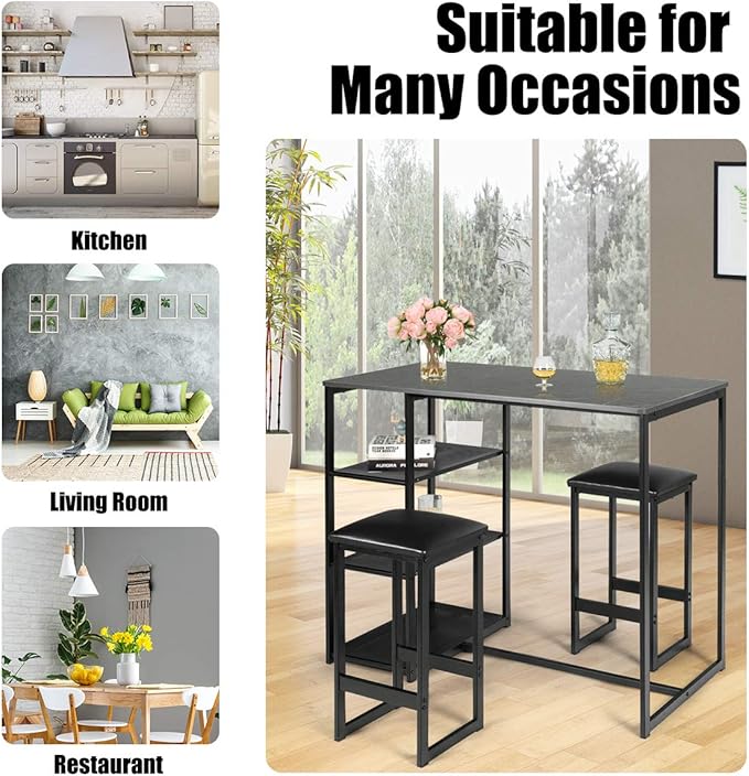 COSTWAY 3-Piece Dining Set, Compact 2 Chairs and Table Set, Kitchen Set with Rectangular Faux Marble, 3 Metal Storage Shelves, Fashionable Simple Style, Kitchen Counter Height Table Set (Black)