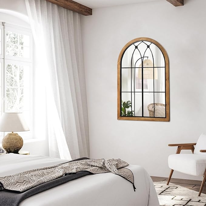 Farmhouse Wooden Arched Mirror, Decorative Arch Mirror Wall Decor, Rustic Window Pane Mirrors, Wood Framed Wall Mirrors for Entryway, Living Room