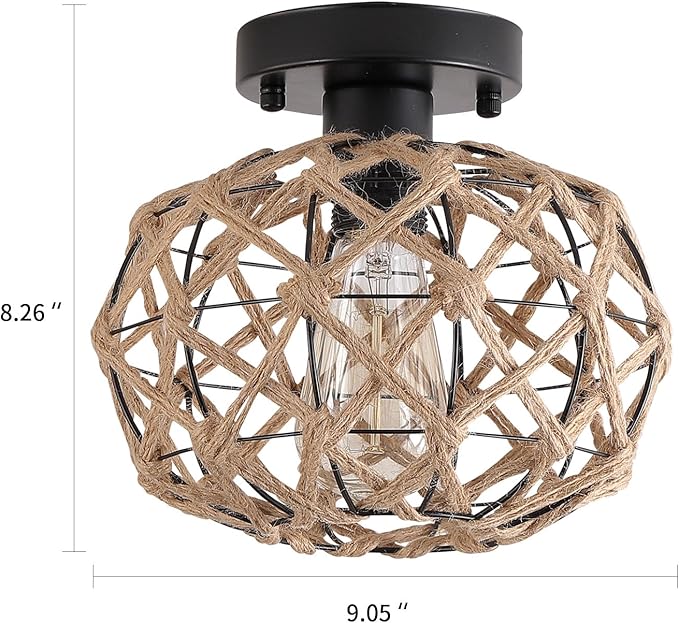 2 Pack Coastal Woven Flush Mount Ceiling Light Fixture Small Boho Rustic Hemp Rope Cage Semi Flush Mount Ceiling Light for Kitchen Hallway Farmhouse Entryway Beach, Black