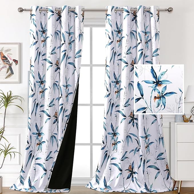 H.VERSAILTEX 100% Blackout Curtains 108 inch Length 2 Panels Set Printed Drapes Thermal Insulated Curtains for Bedroom with Black Liner Sound Proof Curtains, Bella Vista Indigo