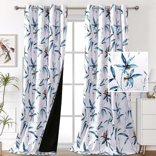 H.VERSAILTEX 100% Blackout Curtains 108 inch Length 2 Panels Set Printed Drapes Thermal Insulated Curtains for Bedroom with Black Liner Sound Proof Curtains, Bella Vista Indigo