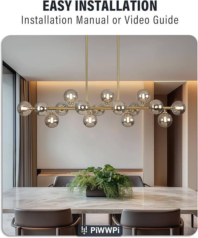 55" Long Brass Gold Chandeliers for Dining Room Kitchen Island, Large Globe Sputnik Linear Chandelier, 16 Lights Mid Century Modern Light Fixture Over Table, Smoke Grey Bubble, GC-08