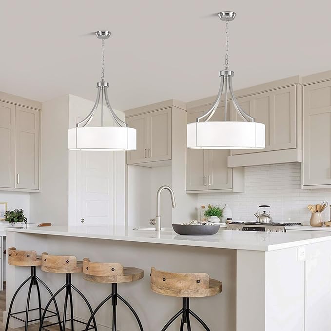 20" Modern Nickel Farmhouse Drum Chandeliers for Dining Room, 6-Light Rustic Drum Pendant Light with White Fabric Shade, Hanging Light Fixture for Living Room Bedroom Foyer Kitchen Island Entryway