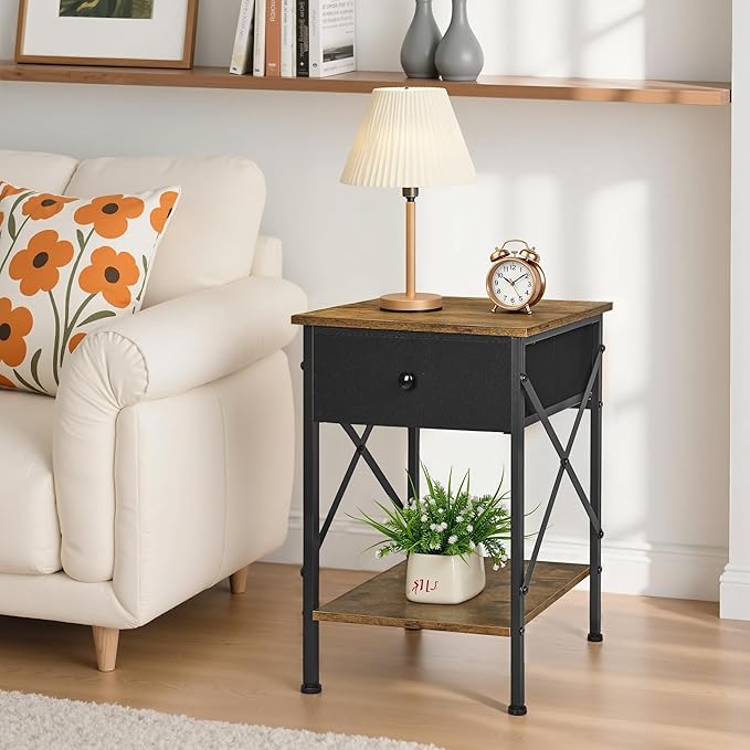 VECELO Nightstand Set of 2, X-Design End Side Table with Fabric Storage Drawer and Open Shelf, Bedside Night Stand with Steel Frame for Bedroom, Living Room,Dorm, Easy Assembly,Antique Brown