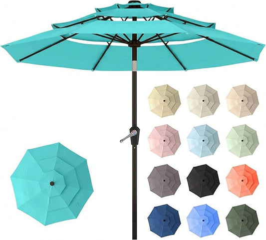 10ft Patio Umbrella, 3 Tier Outdoor Market Table Umbrellas with 8 Fiberglass Ribs and Push Button Tilt, Windproof, Vented Canopy, UV Protection for Deck, Pool, Backyard