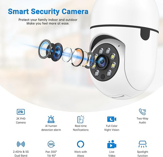 Light Bulb Security Camera -5G& 2.4GHz WiFi Camera Outdoor Wireless Motion Detection and Alarm,Two-Way Talk,Color Night Vision, Lightbulb Security Cameras Outdoor Compatible with Alexa,2 Pack
