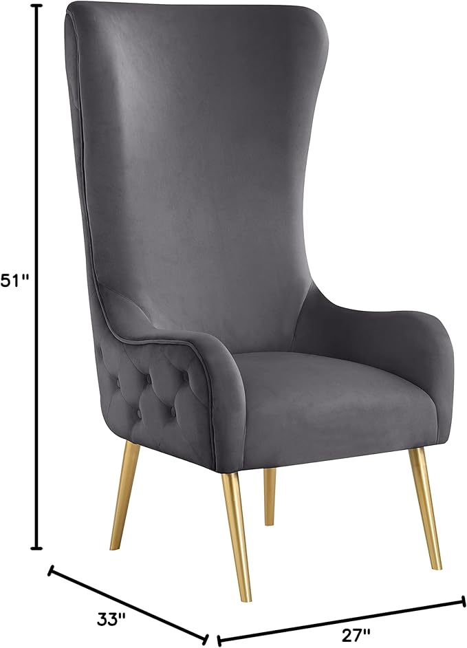 Meridian Furniture 536Grey Alexander Collection Modern | Contemporary Velvet Upholstered Accent Chair with Sturdy Gold Metal Legs and Deep Button Tufting on Back, 27" W x 33" D x 51" H
