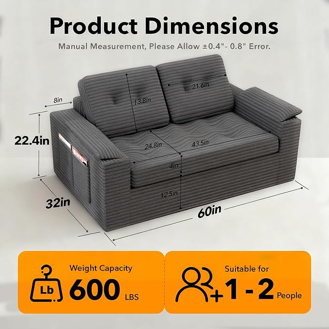 Loveseat Sofa, Boneless Cloud Couch for Living Room 2 Seater Modern Lounge Sleeper Couch with Removable Cover Corduroy Sofa with Armrest, Seat Cushion & Pillows for Small Spaces, Dark Grey