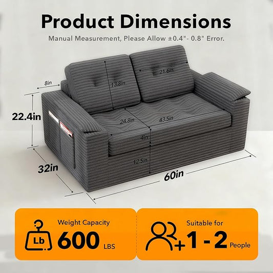 Loveseat Sofa, Boneless Cloud Couch for Living Room 2 Seater Modern Lounge Sleeper Couch with Removable Cover Corduroy Sofa with Armrest, Seat Cushion & Pillows for Small Spaces, Dark Grey