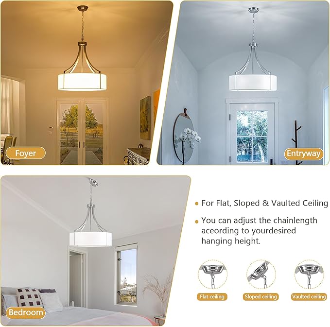 20" Modern Nickel Farmhouse Drum Chandeliers for Dining Room, 6-Light Rustic Drum Pendant Light with White Fabric Shade, Hanging Light Fixture for Living Room Bedroom Foyer Kitchen Island Entryway